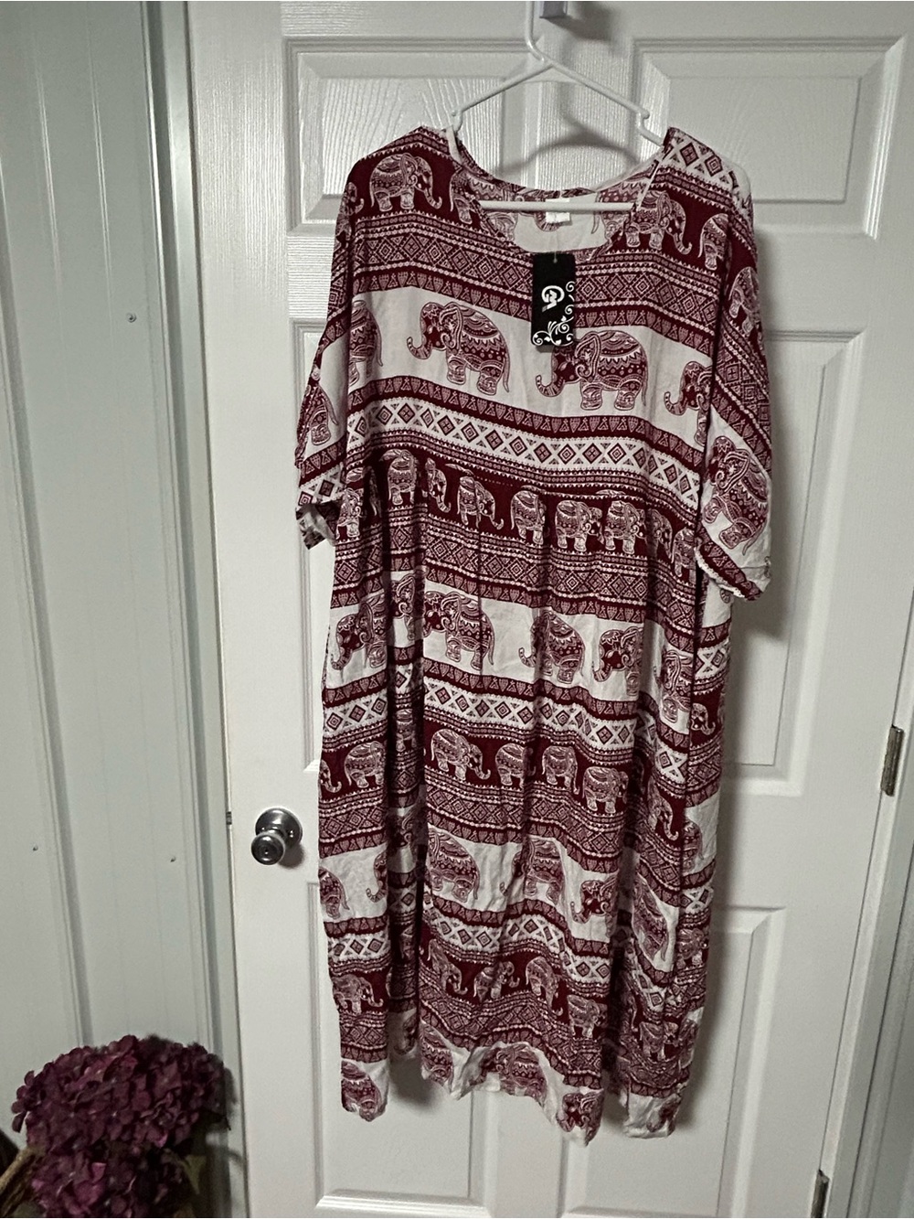Boho Elephant Print Midi Dress in Burgundy and White NWT